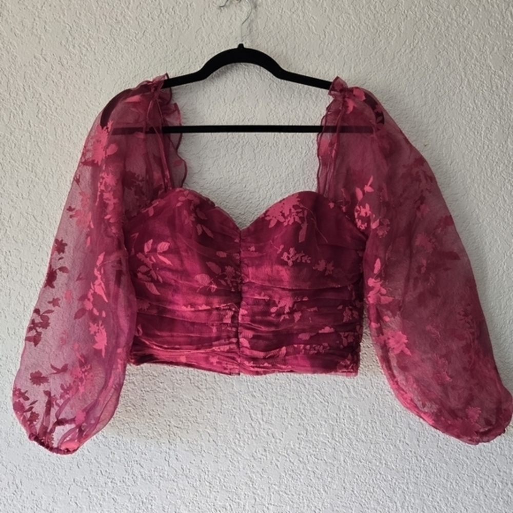 LOVERS + FRIENDS M Burgundy Floral Print Ruched Romantic Long‎ Puff Sleeve
